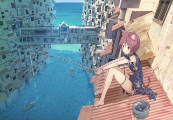 1girl :3 animal_ear_fluff animal_ears barefoot boat bucket cat_ears cat_tail china_dress chinese_clothes cityscape dress female_focus fishing fishing_rod izumi_sai leg_ribbon ocean original pink_eyes pink_hair ribbon short_hair shorts sitting solo tail thigh_ribbon water watercraft