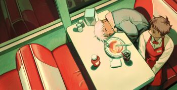 2boys apron artist_name blue_jacket booth_seating bow bowtie brown_hair closed_eyes collared_jacket collared_shirt commentary dark-skinned_male dark_skin diner drink drinking_straw english_commentary fork from_above glass head_on_table highres ice ice_cube jacket jitome ketchup_bottle knife long_sleeves looking_at_another male_focus multiple_boys napkin napkin_holder open_mouth original pepper_shaker plate poxeii red_apron red_bow red_bowtie reflection salt_shaker shirt short_hair sitting sleeping teeth utensil white_hair white_shirt window wing_collar