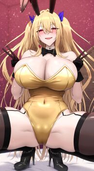 1girl absurdres animal_ears black_bow black_bowtie black_thighhighs blonde_hair blush bow bowtie breasts cameltoe cleavage commentary_request commission covered_navel double_v fake_animal_ears hair_between_eyes high_heels highres leotard long_hair looking_at_viewer open_mouth original playboy_bunny rabbit_ears red_eyes shiroshisu skeb_commission smile solo squatting thighhighs thighs v yellow_leotard