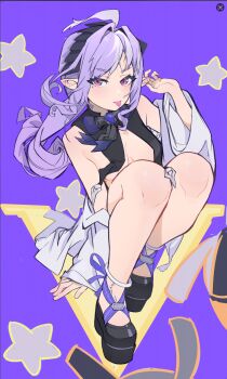 Rule 34 | 1girl, ascot, bare shoulders, black shoes, bow, bowtie, chenxio8, cover, flat color, gem, hairband, highres, jacket, long hair, mole, mole under eye, open clothes, open jacket, pointy ears, purple ascot, purple bow, purple bowtie, purple gem, purple hair, purple hairband, red eyes, shoes, sitting, tongue, tongue out, vivian banshee, white jacket, zenless zone zero