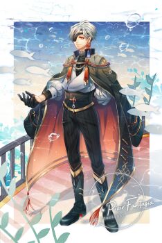 1boy absurdres arm_behind_back black_boots black_gloves black_pants boots commentary_request copyright_name croix_dia_doll earrings eyepatch fish full_body gloves highres jacket jacket_on_shoulders jewelry long_sleeves male_focus multicolored_hair pants pixiv_fantasia pixiv_fantasia_age_of_starlight puffy_sleeves red_eyes short_hair solo standing tassel white_hair yorukage