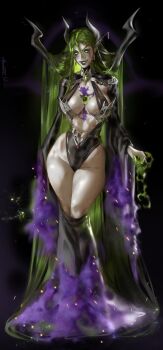 Rule 34 | 1girl, absurdly long hair, absurdres, ayanobraun, black lips, breasts, center opening, commentary, full body, gem, green eyes, green gem, green hair, highres, large breasts, long hair, long sleeves, original, parted lips, revealing clothes, smile, solo, untranslatable commentary, very long hair