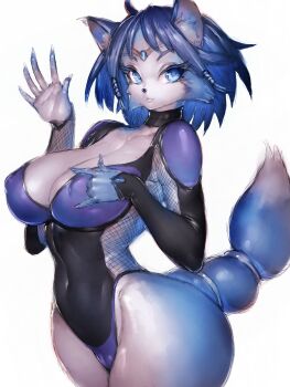 1girl animal_ears blue_eyes blue_fur breasts cameltoe cleavage covered_navel fishnet_leotard fishnets fox_ears fox_tail fumio_(rsqkr) furry furry_female highres krystal leotard looking_at_viewer multicolored_leotard nintendo solo star_fox star_fox_adventures tail thick_thighs thighs two-tone_leotard