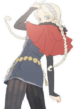 1girl absurdres ahoge aziemblemfates blue_eyes braid breasts capelet fire_emblem fire_emblem_fates from_behind hairband highres hood hooded_capelet long_hair looking_at_viewer low_twin_braids low_twintails nina_(fire_emblem) nintendo pantyhose parted_bangs red_capelet red_hood small_breasts striped_clothes striped_pantyhose twin_braids twintails vertical-striped_clothes vertical-striped_pantyhose white_hair