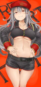10s 1girl absurdres belt blush breasts cleavage command_&amp;_conquer command_&amp;_conquer:_red_alert command_&amp;_conquer:_red_alert_3 female_focus gangut_(kancolle) gluteal_fold grey_hair groin hair_between_eyes hammer_and_sickle hands_on_own_hips highres kantai_collection long_hair midriff navel okiraku_nikku red_background red_eyes short_shorts shorts smirk solo thigh_gap thighs underboob