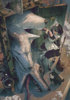 1girl absurdres animal black_hair broom cerberus commentary dog fantasy highres licking maid medium_hair neg_(101neg) original oversized_animal plant potted_plant tongue tongue_out