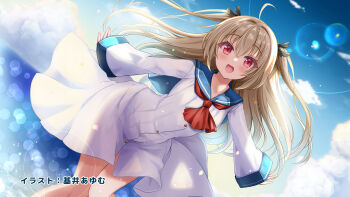 1girl :d a-pose ahoge artist_name ascot atri atri-my_dear_moments- backlighting black_ribbon blue_sailor_collar blue_sky blurry blurry_background blush brown_hair buttons cloud day dress dutch_angle end_card eyes_visible_through_hair feet_out_of_frame floating_hair guest_art hair_between_eyes hair_intakes hair_ribbon happy highres leaning_forward lens_flare long_hair looking_at_viewer motoi_ayumu open_mouth outdoors outstretched_arms red_ascot red_eyes ribbon sailor_collar sailor_dress short_dress sidelocks sky sleeves_past_wrists smile solo standing straight_hair two_side_up very_long_hair white_dress wide_sleeves