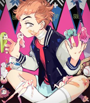 1boy bandaged_neck bandages bandaid bandaid_on_hand bandaid_on_knee bandaid_on_leg baseball baseball_bat baseball_glove blood broken disembodied_head doll first_aid_kit grey_hair headless_doll indian_style jacket jaemin107 jar kneehighs letterman_jacket light_brown_hair looking_to_the_side original pill profile scrape scraped_knee shirt short_hair shorts sitting socks syringe