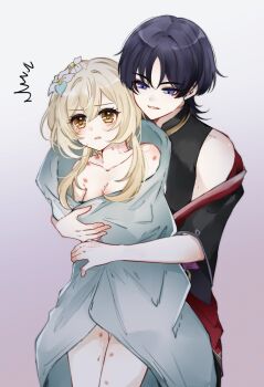 1boy 1girl ^^^ armpit_crease bare_shoulders behind_another bite_mark bite_mark_on_neck bite_mark_on_thigh black_bodysuit black_hair black_kimono black_sleeves blonde_hair blue_flower blunt_ends blush bodysuit breasts cleavage collarbone eyelashes eyeliner eyeshadow flower genshin_impact gold grabbing_another&#039;s_breast grey_trim groping hair_flower hair_intakes hair_ornament han&#039;eri hand_on_another&#039;s_waist hetero hickey highres hug hug_from_behind japanese_clothes jewelry kimono layered_kimono looking_at_another lumine_(genshin_impact) makeup mandarin_collar migigi multicolored_flower neck_ring o-ring off_shoulder open_clothes open_kimono open_mouth purple_eyes purple_sash red_eyeliner red_eyeshadow red_kimono sash scaramouche_(genshin_impact) short_hair short_hair_with_long_locks short_sleeves sidelocks white_background white_flower wrapped_in_blanket yellow_eyes