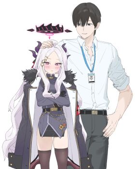 Rule 34 | 1boy, 1girl, black gloves, blue archive, coat, coat on shoulders, crossed arms, demon horns, gloves, hair ornament, halo, highres, hina (blue archive), horns, lanyard, mole, mole under eye, qopqop, sensei (blue archive), white background