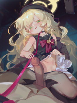 1boy 1girl absurdres blonde_hair blue_archive choker clothes_lift dress dress_lift erection flat_chest girl_on_top green_eyes halo hetero highres leash lifting_own_clothes loli long_hair looking_at_viewer no_panties open_mouth pantyhose penis penis_awe pov professor_niyaniya_(blue_archive) smile straddling uncensored variant_set villainchin