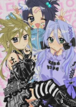 3boys arm_tattoo belt black_bow black_footwear black_hair black_nails blonde_hair blue_eyes bone boots bow closed_mouth cloud_strife cross crossdressing crossdressing_(mtf) double_v dress earrings fang fashion final_fantasy final_fantasy_vii frilled_sleeves frills green_eyes grey_eyes hair_bobbles hair_bow hair_ornament heart highres jewelry keiseki1 light_blush long_hair male_focus multiple_boys multiple_earrings one_eye_closed open_mouth pleading_eyes purple_bow sephiroth short_hair skirt sleeveless spiked_hair sticker sticker_on_face striped_clothes striped_thighhighs tattoo thighhighs twintails v wing_hairpin zack_fair