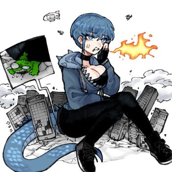 1boy 1girl black_choker black_pants blue_eyes blue_hair blue_hoodie breasts choker cigarette city colored_skin commentary earrings giant green_skin hood hoodie jewelry kame-chan_(oligogi_meoggosipda) lizard_tail monster_girl oligogi_meoggosipda pants short_hair smoke solo tail