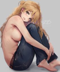 Rule 34 | 1girl, :d, barefoot, blonde hair, braid, breasts, brown eyes, commentary request, denim, grey background, haruto (harut n), hugging own legs, jeans, kantai collection, knees up, large breasts, long hair, looking at viewer, open mouth, pants, sideboob, sitting, smile, solo, topless, twitter username, wavy hair, zara (kancolle)