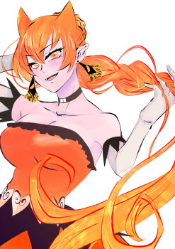 animal_ears azazel_ameri blush breasts cleavage dress earrings gloves highres jewelry kaesarunootakebi long_hair mairimashita!_iruma-kun medium_breasts orange_dress orange_eyes orange_hair ponytail simple_background smile tall white_background white_gloves