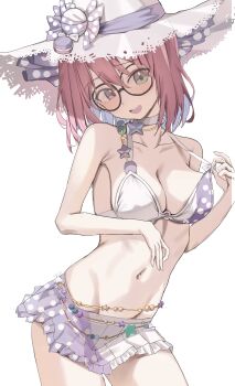 1girl absurdres bikini bikini_skirt breasts choker cleavage collarbone frilled_bikini frills glasses green_eyes hat highres himemori_luna himemori_luna_(summer) hololive looking_at_viewer medium_breasts medium_hair navel open_mouth pink_hair purple_eyes scarlet_(wv0102) simple_background star_(symbol) star_choker stomach straw_hat sun_hat swimsuit white_background white_bikini white_choker