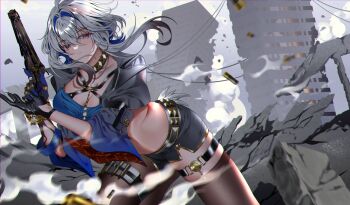 1girl black_jacket black_shorts blue_bra blue_hands bra breasts cleavage commentary criss-cross_straps cropped_jacket debris galbrena_(wuthering_waves) gun hair_intakes highres holding holding_gun holding_weapon jacket large_breasts multicolored_hair purple_eyes short_shorts shorts single_leg_pantyhose smoke smu_(xhsg8274) solo streaked_hair thigh_strap thighhighs underwear very_long_fingernails weapon white_hair wuthering_waves