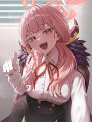 Rule 34 | 1girl, aru (blue archive), black skirt, blue archive, blush, breasts, brown eyes, brown horns, collared shirt, demon horns, fang, gloves, hair between eyes, halo, highres, horns, large breasts, long hair, long sleeves, looking at viewer, n 77z, neck ribbon, open mouth, pink hair, pink halo, pointing, pointing at viewer, red ribbon, ribbon, shirt, skirt, solo, white gloves, white shirt