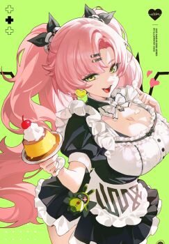 1girl alternate_costume apron black_dress breasts cleavage commentary dress earrings food green_background green_eyes hair_ornament hairclip heart heart_earrings highres jewelry large_breasts long_hair looking_at_viewer maid maid_apron nicole_demara pink_hair pudding smile solo twintails very_long_hair zenless_zone_zero zuco