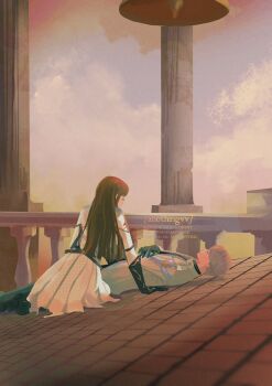 1boy 1girl anothingvv artist_name bell bell_tower black_boots black_gloves black_shirt boots brown_hair closed_eyes cloud cloudy_sky gloves grey_hair grey_jacket hand_on_own_chest highres jacket long_hair looking_at_another love_and_deepspace lying on_back pleated_skirt protagonist_(love_and_deepspace) roof_shingles rooftop shirt short_hair skirt sky white_jacket white_skirt xavier_(love_and_deepspace)