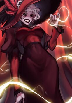 1girl black_eyes black_lips commentary_request dress fingernails hat hazbin_hotel hellaverse highres looking_at_viewer medium_hair red_dress red_hat rosie_(hazbin_hotel) sharp_fingernails solo white_hair yanseeet