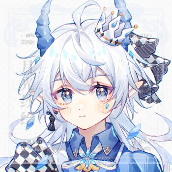 1girl ahoge bai_li_xuan blue_eyes blue_horns blue_shirt blush closed_mouth collared_shirt crown hand_up highres horns long_hair looking_at_viewer original pointy_ears portrait shirt sleeves_past_fingers sleeves_past_wrists solo watermark white_background white_crown white_hair