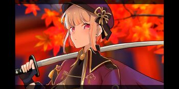 1girl ascot autumn_leaves black_ascot blurry blurry_background closed_mouth collared_shirt commentary cosplay expressionless garand_flash_(love_live!) grey_shirt highres holding holding_sword holding_weapon jacket kachimachi_kosuzu kachimachi_kosuzu_(cosplay) katana leaf letterboxed link!_like!_love_live! looking_at_viewer love_live! open_clothes open_jacket pink_eyes red_jacket red_streaks roku_aya_fuyu shirt solo sword symbol-only_commentary upper_body virtual_youtuber weapon white_hair yugiri_tsuzuri