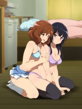 Rule 34 | 2girls, bed, bedroom, black hair, blue skirt, blush, bra, breasts, brown hair, closed mouth, curly hair, female focus, full body, grabbing from behind, hand on another's arm, hibike! euphonium, highres, indoors, kneeling, kousaka reina, long hair, medium breasts, medium hair, multiple girls, no shirt, open mouth, oumae kumiko, panties, pink bra, pink panties, purple eyes, sbel02, skirt, small breasts, socks, straight hair, thighhighs, underwear, underwear only, yellow eyes, yuri