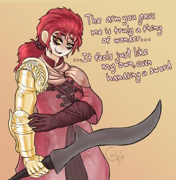 1girl amputee aryf elden_ring fromsoftware hair_between_eyes highres holding holding_sword holding_weapon millicent_(elden_ring) open_mouth ponytail prosthesis prosthetic_arm red_hair simple_background smile solo solo_focus sword weapon yellow_background yellow_eyes