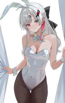 1girl absurdres ahoge animal_ears bare_shoulders bow bowtie breasts brown_pantyhose cleavage covered_navel detached_collar fake_animal_ears fishnet_pantyhose fishnets grey_eyes grin hair_bow hair_ornament hairband hairclip heterochromia highleg highleg_leotard highres ishigami_nozomi leotard long_hair looking_at_viewer multicolored_hair nijisanji pantyhose playboy_bunny rabbit_ears raised_eyebrow red_eyes revision small_breasts smile solo strapless strapless_leotard streaked_hair sweat tillots virtual_youtuber white_hair white_hairband white_leotard wrist_cuffs