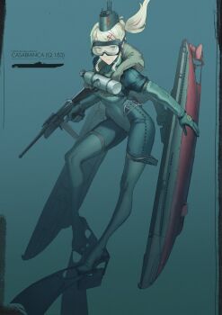 1girl blonde_hair blue_eyes commentary dangodes diving_mask diving_suit english_commentary flippers goggles gun hair_ornament hairclip highres long_hair multicolored_hair original oxygen_tank personification ponytail simple_background solo streaked_hair submarine underwater watercraft weapon