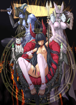 1boy 2girls animal_ears anus bat_wings blue_skin breasts cat censored claws colored_skin demon_girl demonic fantasy female_pubic_hair flaccid highres horns juubaori_mashumaro large_breasts magic_circle multiple_girls nail_polish nude penis pointy_ears pubic_hair ribbon skull small_breasts sword thighhighs weapon wings