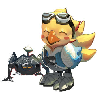 ^_^ alpha_(ff14) animal_focus bib_bb_bib bird blush_stickers chocobo closed_eyes facing_viewer final_fantasy final_fantasy_xiv full_body goggles goggles_on_head no_humans non-humanoid_robot omega_(final_fantasy) robot simple_background white_background