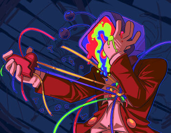 1boy absurdres ant_tenna bolt_(hardware) cable commentary crt deltarune english_commentary gloves hands_up heart highres holding holding_heart jacket liquid male_focus mrroddibean object_head radio_antenna red_jacket screw shirt solo spring_(object) torn_clothes torn_shirt upper_body utdr_(toby_fox) white_gloves white_shirt