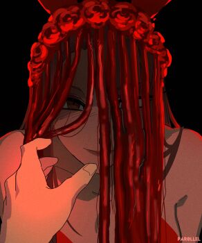 1girl adjusting_clothes adjusting_headwear animal_ear_hairband animal_ears black_background breasts cleavage fake_animal_ears hairband highres intestines leotard looking_at_viewer one_eye_covered organs original par0llel partially_shaded_face pov pov_hands rabbit_ear_hairband rabbit_ears reaching reaching_towards_another red_eyes red_leotard smile upper_body veil viewer_self-insert