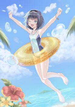 1girl :d absurdres armpits arms_up barefoot beach black_hair blue_eyes blue_one-piece_swimsuit bracelet cloud collarbone commentary_request covered_navel day flower full_body hair_intakes hairband heart_bracelet highres jewelry jumping knees_together_feet_apart legs looking_at_viewer mountain ocean one-piece_swimsuit one_eye_closed open_mouth original outdoors palm_leaf quin_(himegata_alice) red_flower sand short_hair sky smile solo swimsuit toenails toes water_drop white_hairband