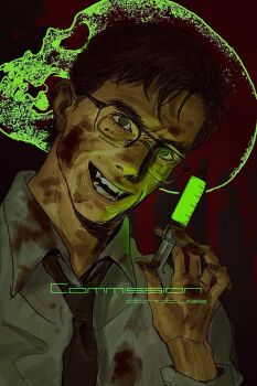1boy :d aegyo_sal black_eyes black_hair black_necktie blood blood_on_clothes blood_on_face collared_shirt evil_grin evil_smile glasses glowing grin hand_up hashtag-only_commentary head_tilt herbert_west highres holding holding_syringe looking_at_viewer male_focus necktie open_mouth re-animator sharp_teeth shirt short_hair skull smile solo syringe teeth upper_body white_shirt zhenli0121