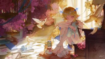 1girl absurdres barefoot bird black_dress blonde_hair blush book breasts cartethyia_(wuthering_waves) crossed_ankles crown_of_thorns dress earrings feet hand_puppet highres indoors jewelry knees_up logo long_hair longmaototoro looking_at_viewer medium_breasts multiple_earrings parted_bangs parted_lips pointy_ears puppet purple_eyes sandals sidelocks sitting smile solo tabard tacet_mark_(wuthering_waves) toes unworn_sandals very_long_hair white_bird white_tabard wuthering_waves