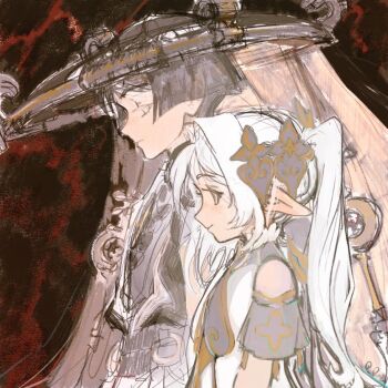 1boy 1girl arm_at_side armlet black_bodysuit black_hair black_kimono blunt_ends bodysuit closed_mouth commentary cross-shaped_pupils detached_sleeves dress english_commentary eyelashes from_side genshin_impact gold grey_eyes grey_sleeves hair_ornament half-closed_eyes hat heart heart_hair_ornament height_difference japanese_clothes jewelry jingasa juban kimono long_hair looking_down looking_to_the_side mandarin_collar o-ring open_clothes open_kimono partially_colored pointy_ears prar profile red_background rope rukkhadevata_(genshin_impact) scaramouche_(genshin_impact) shimenawa short_sleeves side_ponytail sidelocks sketch smile symbol-shaped_pupils tareme veil white_dress white_eyes white_hair white_kimono wispy_bangs