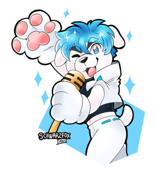 Rule 34 | 1boy, animal crossing, animal ears, animal hands, arm up, artist name, black shirt, blue hair, dated, dog boy, dog ears, animal nose, dog tail, floppy ears, furry, furry male, gloves, highres, holding, holding microphone, k.k. slider (animal crossing), male focus, microphone, nintendo, one eye closed, open mouth, pants, paw gloves, pawpads, schwarzfox, shirt, signature, smile, sparkle, sparkling eyes, tail, vest, white background, white pants, white vest