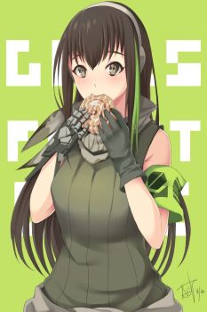 1girl adachi_t_(xadachit) armband bandana blush brown_eyes brown_hair cinnamon_roll clothes_around_waist commentary copyright_name dated_commentary eating food girls&#039;_frontline gloves green_armband green_background green_gloves green_hair green_sweater grey_bandana grey_headband headband highres holding holding_food jacket jacket_around_waist long_hair m4a1_(girls&#039;_frontline) mechanical_hands multicolored_hair sidelocks signature single_mechanical_hand skull_print sleeveless sleeveless_sweater solo streaked_hair sweater upper_body very_long_hair