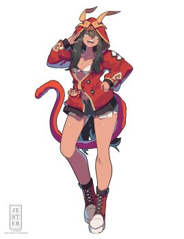 1girl :d bikini bikini_top_only boots breasts brown_hair cleavage dark-skinned_female dark_skin fangs full_body grey_shorts hand_on_own_hip highres hood hood_up hoodie jacket jesternalagon lace-up_boots long_hair long_sleeves looking_at_viewer open_mouth original red_boots red_jacket salute shoes short_shorts shorts simple_background smile solo standing swimsuit tail white_background white_bikini