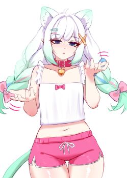 1girl ahoge animal_ear_fluff animal_ears aqua_hair belt_collar blue_eyes blue_streaks braid breasts cat_ears cat_girl cat_tail cgator collar commentary crop_top densetsu.exe gradient_hair hair_ornament hairpin highres looking_at_viewer mint_fantome mint_fantome_(otaku) multicolored_hair pink_shorts red_collar shirt shorts small_breasts solo streaked_hair symbol-only_commentary tail twin_braids white_hair white_shirt x_hair_ornament
