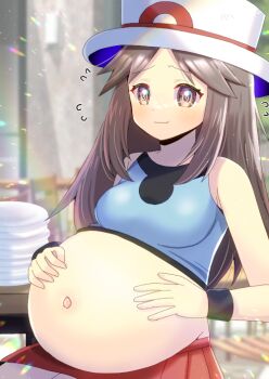 1girl blue_shirt breasts brown_eyes brown_hair closed_mouth commentary_request commission flying_sweatdrops hat kou_hiyoyo leaf_(pokemon) long_hair medium_breasts nintendo pokemon pregnant red_skirt shirt skeb_commission skirt sleeveless sleeveless_shirt solo