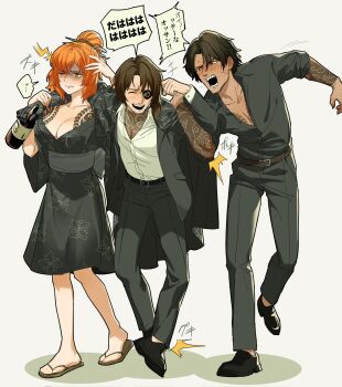 1girl 2boys ^_^ belt black_belt black_bow black_pants black_sash black_shirt black_shoes blush bow brown_hair closed_eyes dark-skinned_female dark_skin drunk eyepatch full_body gregor_(project_moon) hair_bun hair_ornament hair_stick headache heathcliff_(project_moon) highres ishmael_(project_moon) kurokumo_clan_(identity)_(project_moon) laughing limbus_company low_ponytail medium_hair multiple_boys open_mouth orange_hair oxy_(ho2) pants ponytail project_moon sash shirt shoes simple_background smile translation_request tripping white_background white_shirt