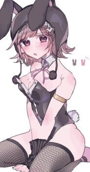 1girl :o animal_ears animal_hood bare_shoulders blush breasts cleavage danganronpa_(series) danganronpa_2:_goodbye_despair fake_animal_ears fishnet_thighhighs fishnets hood large_breasts medium_hair mole mole_on_breast mu_(user_mcym3758) nanami_chiaki pink_eyes rabbit_hood rabbit_tail simple_background skindentation solo tail thighhighs white_background