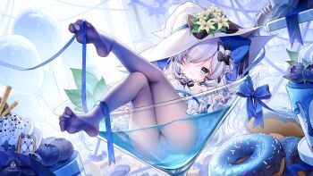 1girl absurdres balloon blue_eyes blue_ribbon blueberry closed_mouth cocktail_glass commission cup donut dress drinking_glass flower food fruit full_body grey_hair hat hat_flower highres in_container in_cup long_hair no_shoes original panties panties_under_pantyhose pantyhose ribbon smile solo suaynnai_wanzi underwear white_dress white_hat witch_hat