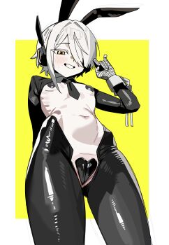 1girl absurdres animal_ears black_hiphighs black_necktie black_shrug blue_archive blush commentary fake_animal_ears hair_over_one_eye hand_up heart_pasties highres hiphighs loli looking_at_viewer navel necktie one_eye_covered outside_border paid_reward_available pasties playboy_bunny rabbit_ears reverse_bunnysuit reverse_outfit ruppu shrug_(clothing) smile sof_(blue_archive) solo stomach symbol-shaped_pupils upper_body wrist_cuffs x-shaped_pupils yellow_background yellow_eyes