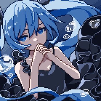 1girl air_bubble amefu_luna bare_arms bare_shoulders black_camisole blue_eyes blue_hair bubble camisole commentary_request hair_between_eyes hatsune_miku highres long_hair own_hands_clasped own_hands_together pixel_art shinkai_shoujo_(vocaloid) sleeveless solo twintails upper_body vocaloid