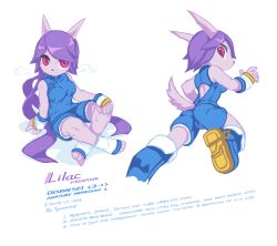 1girl 2015 absurdres arm_guards back_cutout back_muscles barefoot biceps blue_boots blue_shirt blue_shorts boots breasts breath cameltoe chinese_clothes chinese_knot chinese_text closed_mouth clothing_cutout commentary crossed_legs deltoids downturned_eyes dragon dragon_girl dragon_horns dragon_tail eastern_dragon english_commentary freedom_planet freedom_planet_2 from_above from_behind from_below furry furry_female headgear highres horns krita_(medium) light_smile looking_at_viewer looking_back looking_down low_twintails medium_breasts non-web_source pink_eyes purple_hair reference_sheet running sash_lilac shirt shorts signature sitting soles standing standing_on_one_leg sweat tail toned tsurime twintails tyson_tan upturned_eyes very_sweaty water_dragon